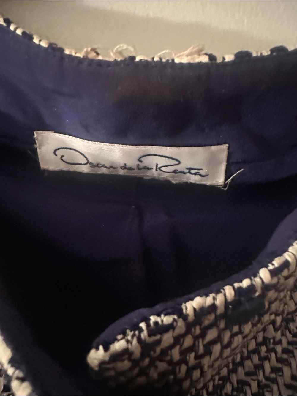 Oscar de la Renta Navy and Cream long Tweed Jacket